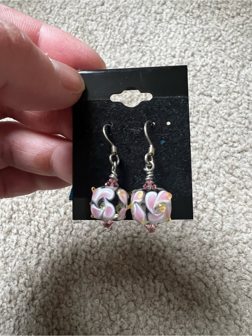 Silver Pink and White Murano Glass Bead Earrings - NWOT